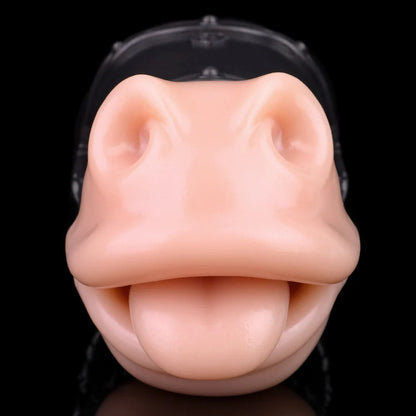 Realistic flesh-toned male masturbator with detailed labia and tongue-like texture, mounted on clear base