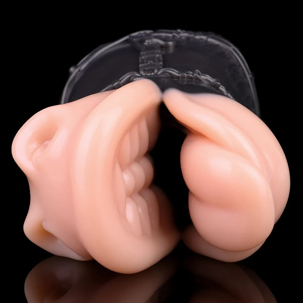 Realistic flesh-toned male masturbator with detailed labia and textured interior, set in clear case