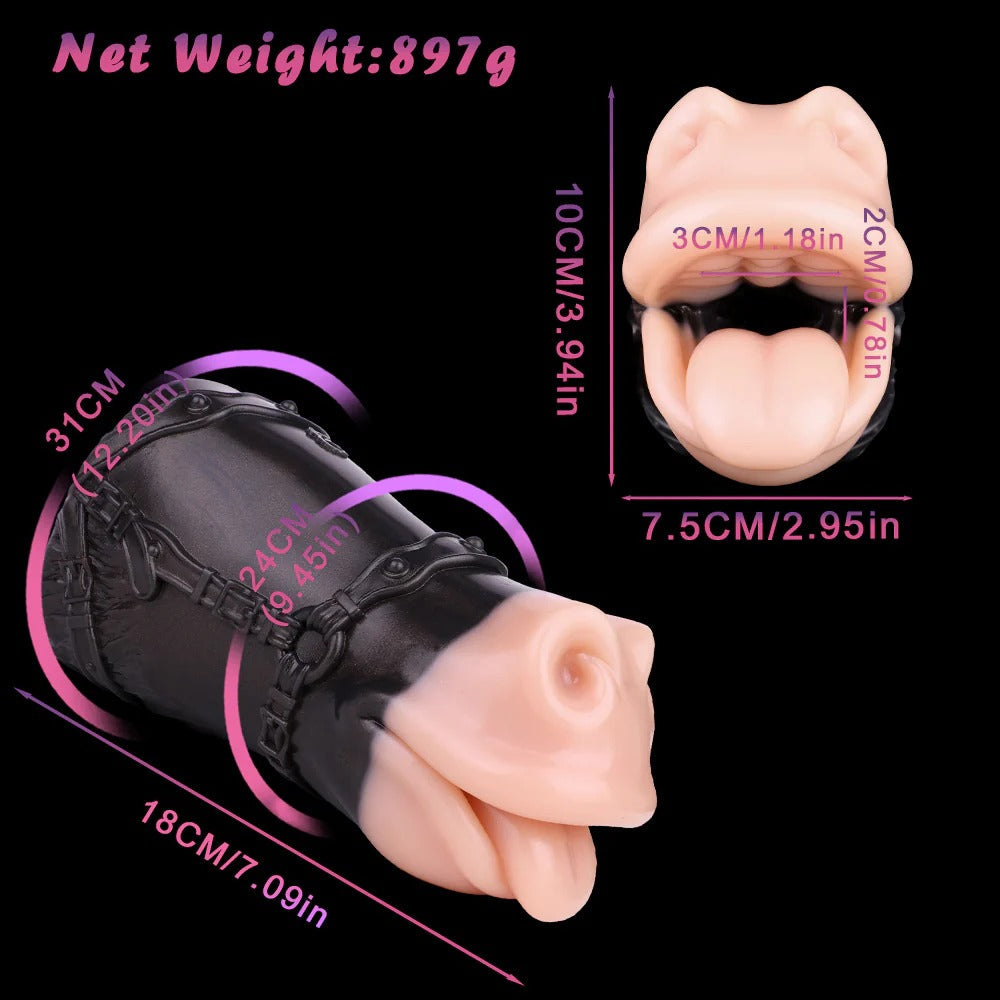 Realistic flesh-toned oral sleeve with black textured exterior, detailed dimensions, soft silicone lips and tongue