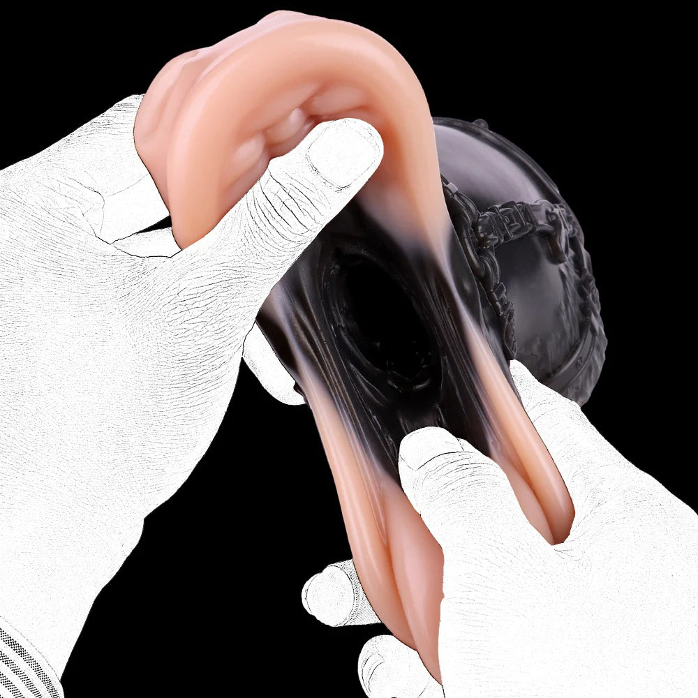 Realistic flesh-toned sleeve with textured inner canal, held by gloved hands against black base