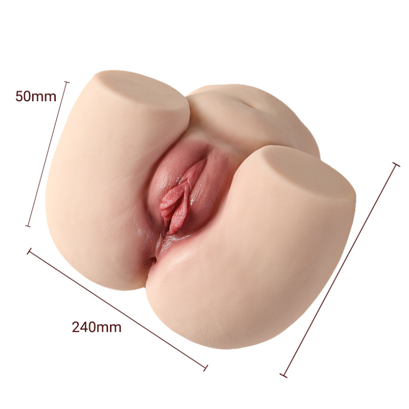 Realistic flesh-toned male masturbator with detailed labia, 240mm length, soft silicone texture