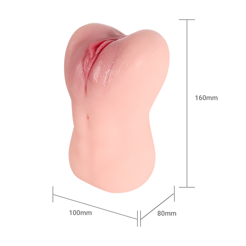 Realistic flesh-toned male masturbator with detailed labia, smooth texture, 160mm height, 100mm width