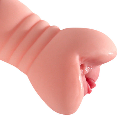 Realistic pink silicone male masturbator with textured ridges and natural contours for enhanced pleasure