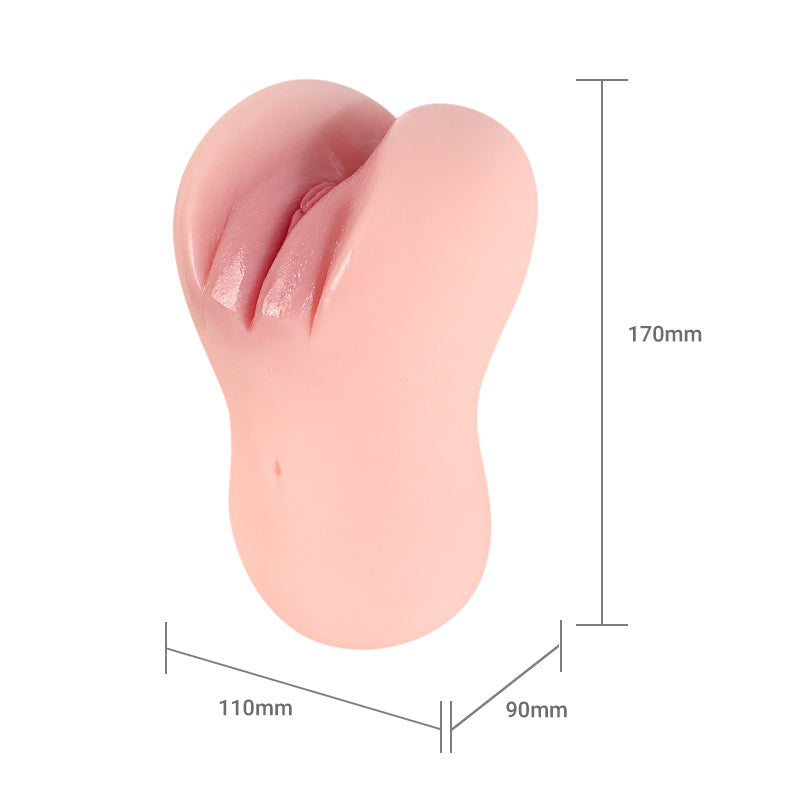 Realistic flesh-toned male masturbator with detailed labia, 170mm tall, soft silicone texture for lifelike feel