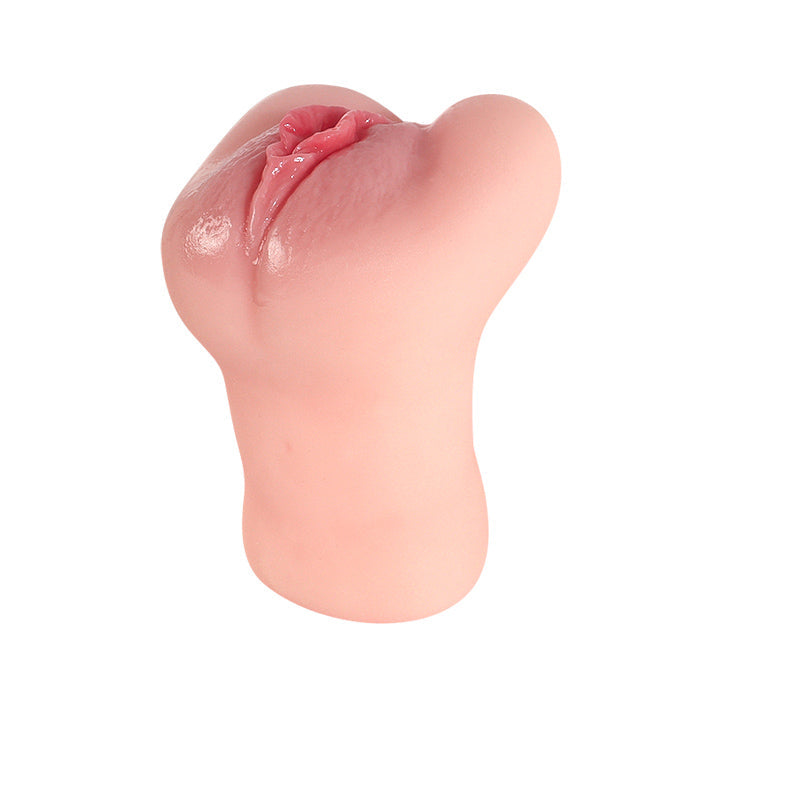 Realistic pink silicone male masturbator with detailed vaginal opening and natural skin texture